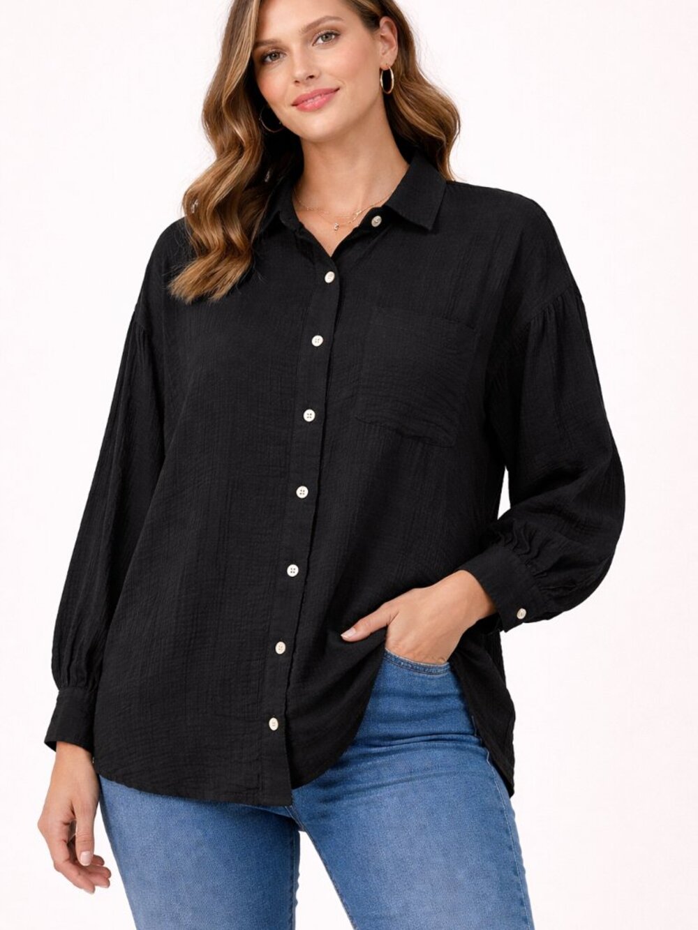 NWT Entro Black Lightweight Gauze Button Front Blouse Size L Relaxed Chic